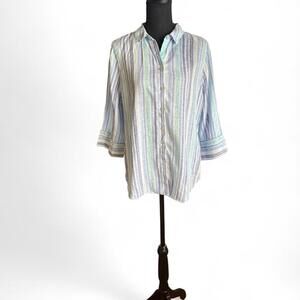 Chico's blue & cream 100% linen striped button down blouse Size medium